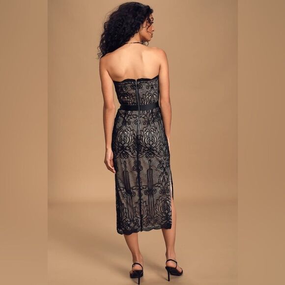 NWT Lulu's Move Over Black Crochet Lace Strapless Midi Dress - Picture 3 of 9